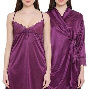 Short Night Dress & Robe Set in Purple- Satin